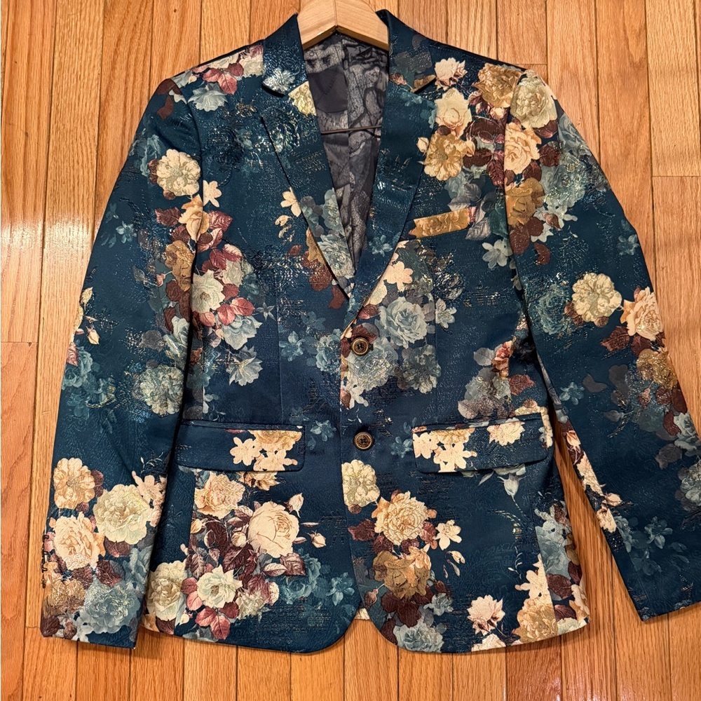 Floral Patterned Metallic Brocade Fabric Men's Blazer New Years Eve Holiday